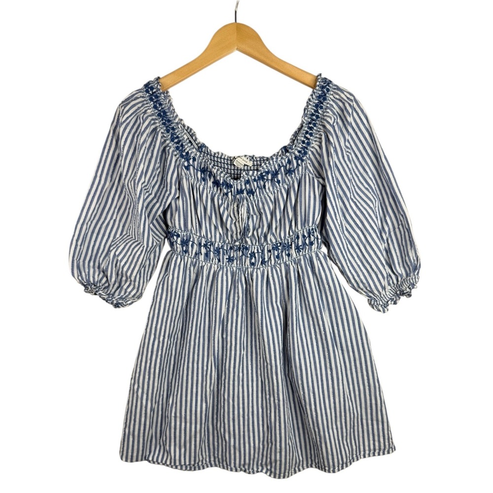 American Eagle Womens Puff Sleeve Mini Dress Size XS Blue White Striped
